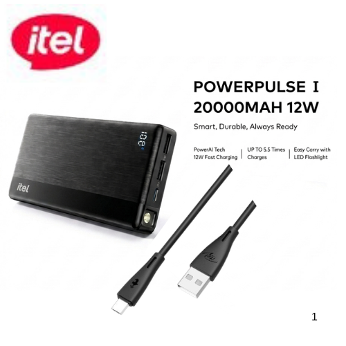 itel PowerPulse 20000mAh Power Bank 12W – Digital Display LED Flashlight + USB-A to Type-C Cable (A1160)