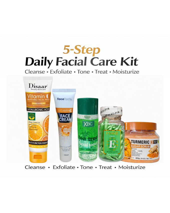 Daily Facial Care Kit – Disaar Vitamin C Facial Wash (100ml) + Dr. Meinaier Turmeric Sugar Scrub (650g) + XBC Tea Tree Facial Toner (200ml) + Animate Vitamin E Facial Essence Oil Capsules (60 Caps) + Face Facts Vitamin C Face Cream (50ml)
