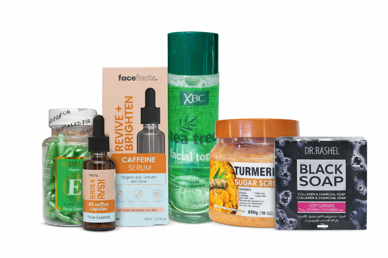 Dr Rashel Black Soap Collagen & Charcoal Bath Soap, Dr. Meinaier Turmeric Sugar Scrub, XBC Tea Tree Facial Toner, Face Facts Revive + Brighten Caffeine Serum, Face Facts Vitamin C Face Cream, Animate Vitamin E Facial Essence Oil (60 Caps)