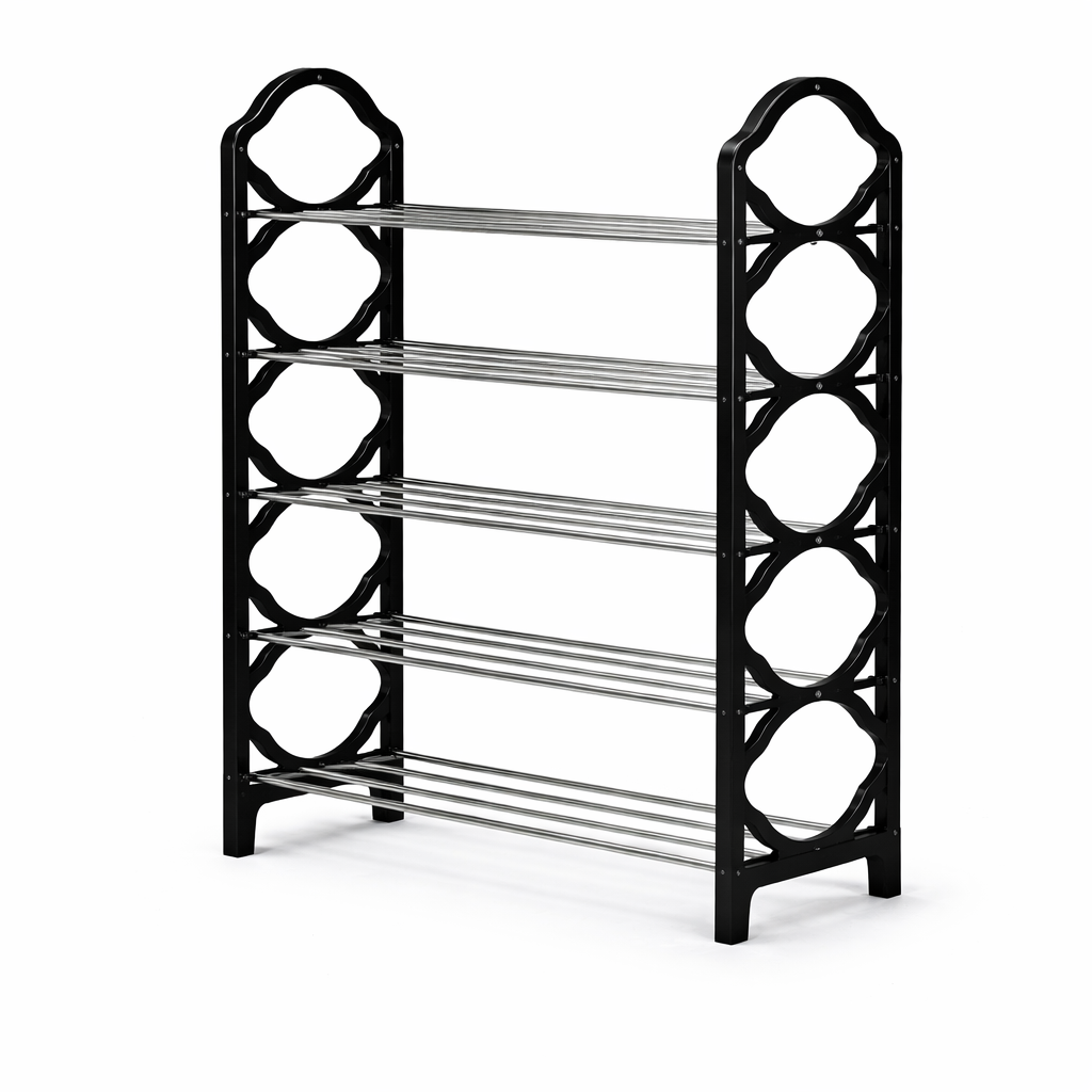 5-Tier Portable Shoe Rack Organizer – Space Saving Metal Rod & Plastic Frame Storage Shelf
