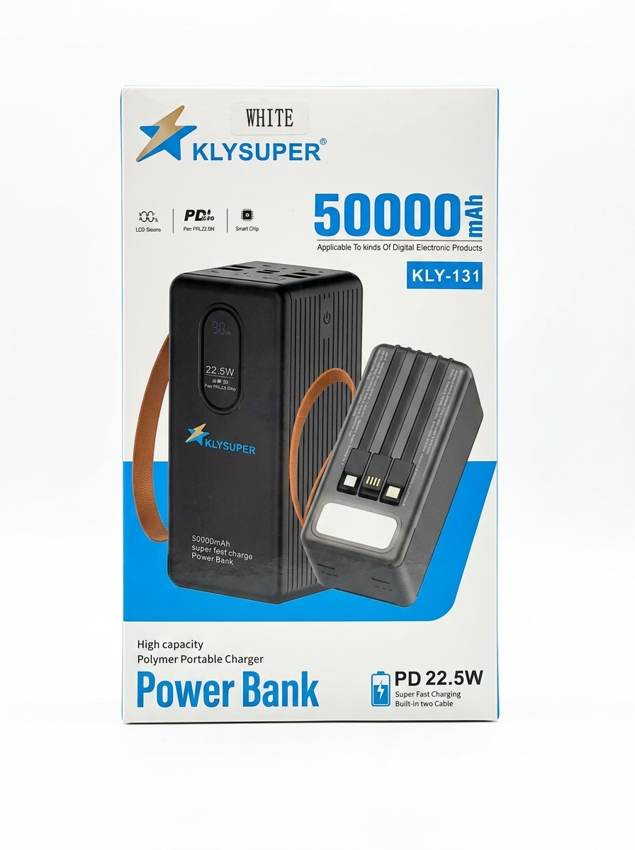 KLY SUPER 50000mAh Super Fast Charging Power Bank - PD 22.5W - Built-in Cables & Digital Display - KLY-131