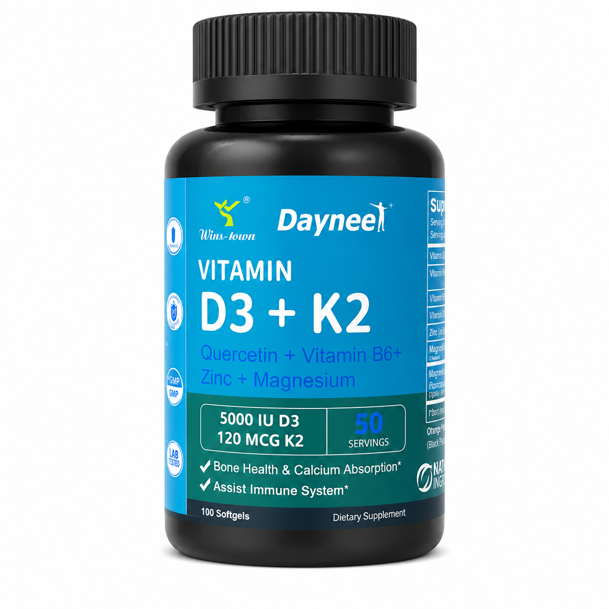 Daynee Vitamin D3 + K2 Extra Strength - 5000 IU D3 & 120 MCG K2 - Immune & Bone Support - 100 Softgels